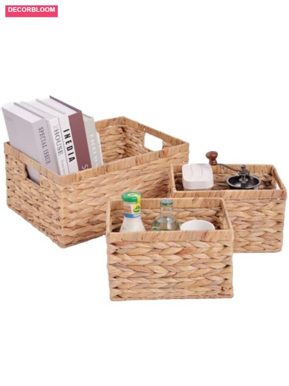 Water Hyacinth Storage Baskets Set of 3 Wicker Organizer Bins